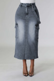 Grey Vintage Solid Patchwork Pocket Buttons Zipper Mid Waist Straight Washed Cargo Denim Midi Skirts