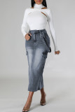 Grey Vintage Solid Patchwork Pocket Buttons Zipper Mid Waist Straight Washed Cargo Denim Midi Skirts