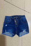Deep Blue Street Solid Patchwork Pocket Buckle High Waist Skinny Ripped Denim Shorts