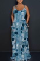 Синее сексуальное повседневное длинное платье с вырезом на спине и бретельками с принтом Платья