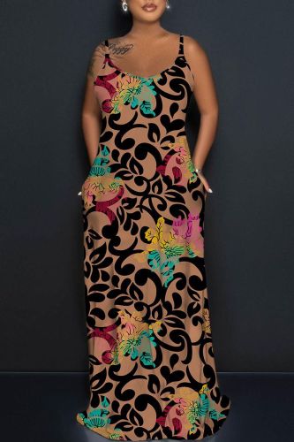 Brown Sexy Casual Print Backless Spaghetti Strap Long Dress Dresses