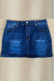 Темно-синие однотонные уличные джинсовые юбки с карманами и пуговицами на молнии со средней талией