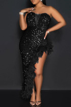Zwart sexy effen pailletten patchwork veren rits strapless onregelmatige jurk jurken