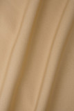 Khakifarbenes, elegantes, solides Patchwork-Kleid mit Kordelzug, O-Ausschnitt und einstufigem Rock