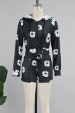 Khaki Casual Floral Print Patchwork Zipper Hooded Collar Long Sleeve Two Pieces Cropped Jackets And Short Set