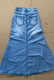 Blue Street Solid Patchwork Bolso Botões Fenda Zipper Bota Corte Saias Jeans
