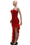 Rode sexy effen pailletten patchwork veren rits strapless onregelmatige jurkjurken