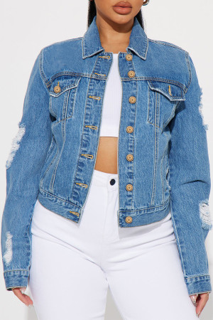 Blue Casual Solid Patchwork Pocket Buckle Turndown Collar Long Sleeve Regular Distressed Ripped Denim Jacket