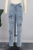 Calça jeans skinny de cintura alta com botões de bolso em patchwork sólido azul claro