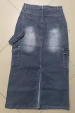 Серые винтажные однотонные лоскутные прямые джинсовые юбки с карманами и пуговицами на молнии со средней талией
