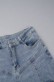 Jeans skinny in denim a vita alta con bottoni e tasche patchwork tinta unita azzurro