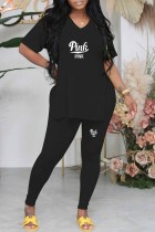 Black Casual Print Letter V Neck Short Sleeve Two Pieces