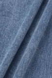 ディープブルー カジュアル ソリッド パッチワーク ポケット バックル ターンダウンカラー 半袖 ルーズ デニム ジャンプスーツ