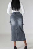 Grey Vintage Solid Patchwork Pocket Buttons Zipper Mid Waist Straight Denim Skirts