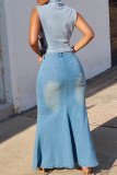 Blue Street Solid Patchwork Pocket Buttons Zipper Washed Thigh Split Boot Cut Denim Maxi Skirts