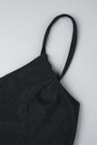 Черное сексуальное однотонное лоскутное длинное платье на шнуровке с высоким открытием на бретельках