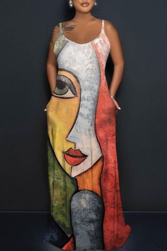Multicolor Sexy Casual Print Backless Spaghetti Strap Long Dress Dresses