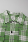 Gröna kändisar Pläd Patchwork Pocket Spänne Skjorta Krage Ytterkläder
