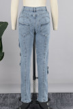 Calça jeans skinny de cintura alta com botões de bolso em patchwork sólido azul claro