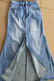 Faldas vaqueras con corte de bota y cremallera con abertura y botones de bolsillo de patchwork liso azul azul