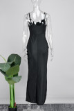 Schwarzes, sexy, solides Patchwork-Kleid mit Kordelzug und hoher Öffnung, langes Kleid mit Spaghettiträgern