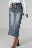 Faldas vaqueras rectas con cremallera y botones de bolsillo vintage liso gris
