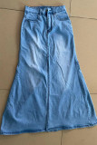 Blue Street Solid Patchwork Pocket Buttons Zipper Washed Thigh Split Boot Cut Denim Maxi Skirts