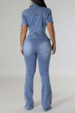 Темно-синие повседневные однотонные лоскутные свободные джинсовые комбинезоны с отложным воротником и карманами с пряжкой и короткими рукавами