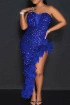Blauw sexy effen pailletten patchwork veren rits strapless onregelmatige jurk jurken