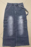 Bolso de retalhos sólido vintage cinza Botões Saias jeans retas com zíper na cintura média