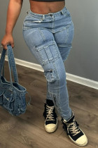Ljusblå Street Solid Patchwork Pocket Knappar Dragkedja Hög midja Skinny Denim Jeans