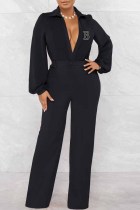 Zwarte sexy jumpsuit met letter-v-hals en print