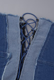 Azul sexy sólido oco retalhos bolso alças cruzadas sem alças sem mangas duas peças
