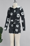 Black Casual Floral Print Patchwork Zipper Hooded Collar Long Sleeve Two Pieces Cropped Jackets And Short Set