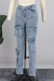 Light Blue Street Solid Patchwork Pocket Buttons Zipper High Waist Skinny Denim Cargo Jeans
