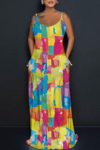 Yellow Sexy Casual Print Backless Spaghetti Strap Long Dress Dresses