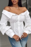 White Casual Solid Buttons Off the Shoulder Tops