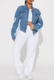 Veste en jean bleue décontractée, couleur unie, déchirée, poche, boucle, col rabattu, manches longues, régulière