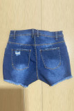 Deep Blue Street Solid Patchwork Pocket Buckle High Waist Skinny Ripped Denim Shorts