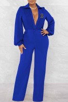 Blauwe sexy print letter V-hals jumpsuits