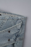 Light Blue Street Solid Patchwork Zipper Low Waist Regular Denim Mini Skirt With Cross Eyelet Tie And Zipper Front