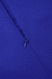 Vestidos de saia lápis elegantes em azul royal com retalhos sólidos e zíper com zíper e gola redonda
