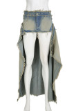 Blue Street Gradual Change Patchwork Pocket Buttons Zipper Mid Waist Straight Denim Skirts