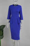 Королевские синие элегантные однотонные лоскутные платья-юбка-карандаш с воланами и застежкой-молнией с круглым вырезом