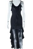 Черные уличные однотонные лоскутные платья с воланами и бретелькой-юбкой с запахом