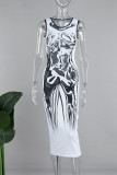 Witte straatprint patchwork O-hals bedrukte jurk Jurken