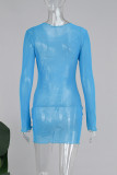 ブルーのセクシーなプリント パッチワーク シースルー O ネック ラップ スカート ドレス