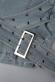 Saias jeans regulares de cintura baixa com zíper de retalhos sólidos de rua azul claro
