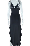 ブラック ストリート ソリッド パッチワーク フラウンス ホルター ラップ スカート ドレス