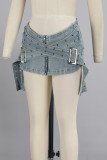 Light Blue Street Solid Patchwork Zipper Low Waist Regular Denim Mini Skirt With Cross Eyelet Tie And Zipper Front